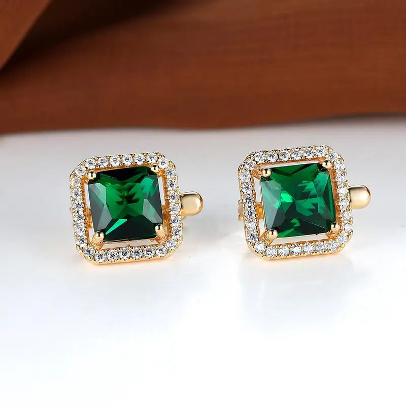 Green Square Gold Zircon Earrings