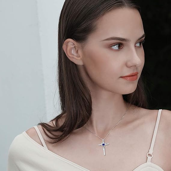 Cross Necklace with Heart Sapphire Stone
