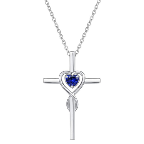 Cross Necklace with Heart Sapphire Stone