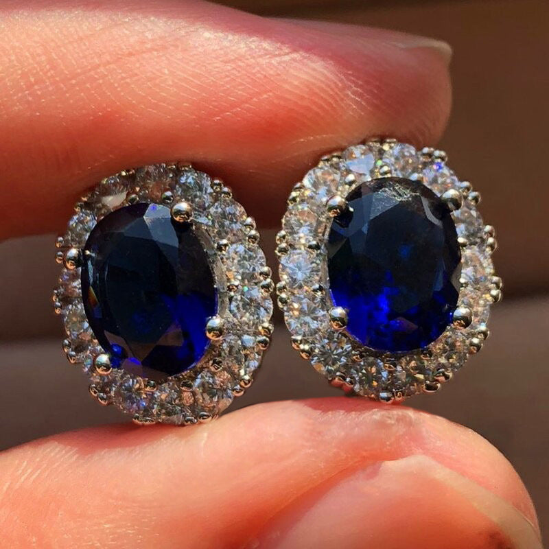 White Oval Stud Sapphire Earrings
