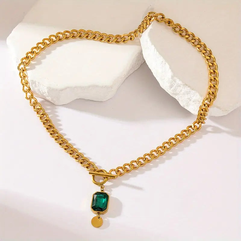 Thick Chain Emerald Pendant Necklace