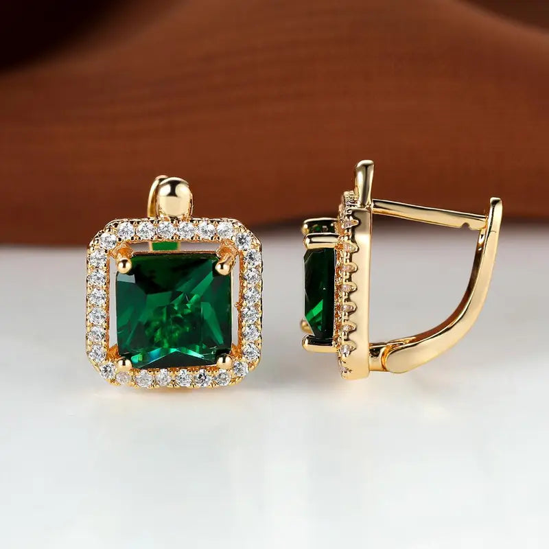 Green Square Gold Zircon Earrings