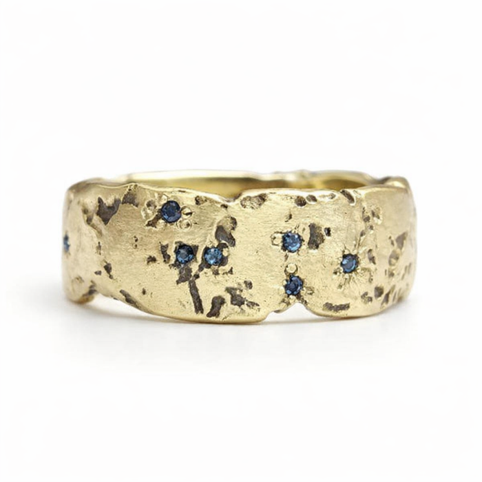 Blue Crystal Inset Hammered Gold Antique Ring