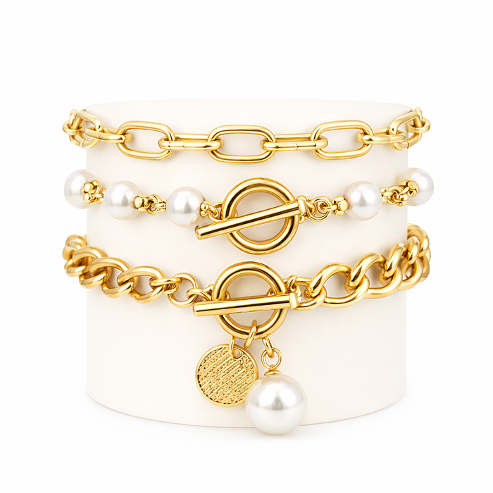 Chic 4-Piece Snake Pearl and Hoops Bracelet Set