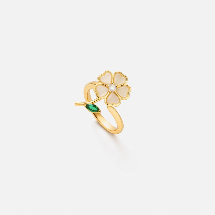 Spinning Ring Flower and Leaf Emerald