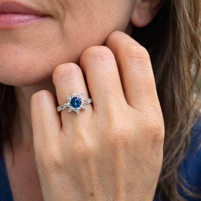 Sapphire and Crystal Flower Ring