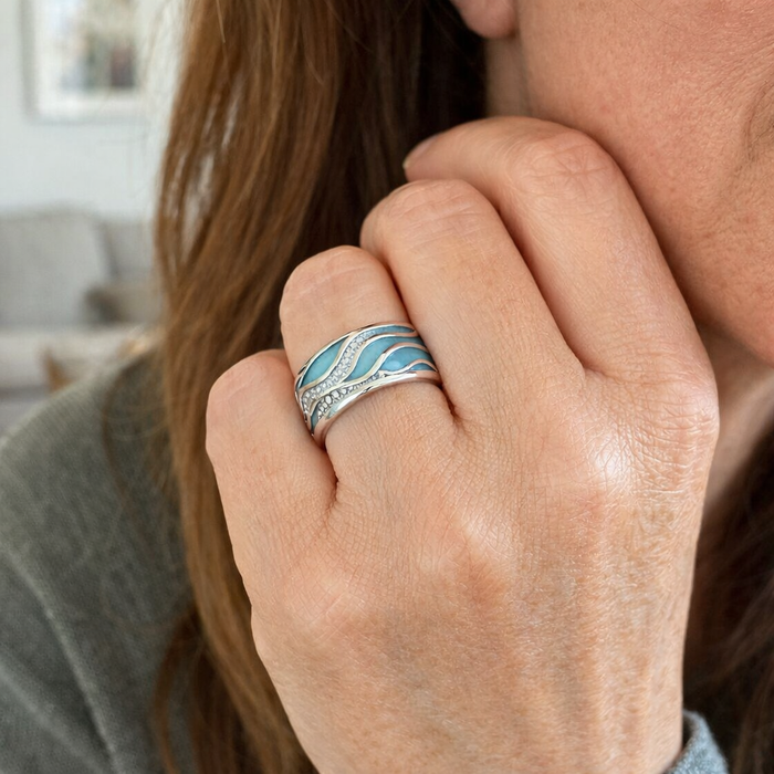 Sea Blue Silver Waves Ring