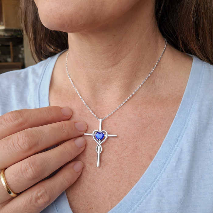 Cross Necklace with Heart Sapphire Stone