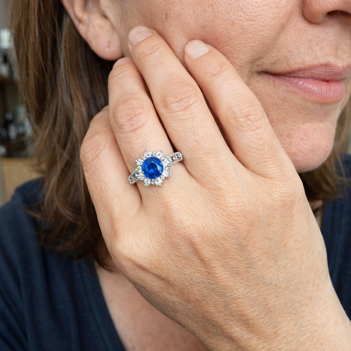 Sapphire and Crystal Flower Ring