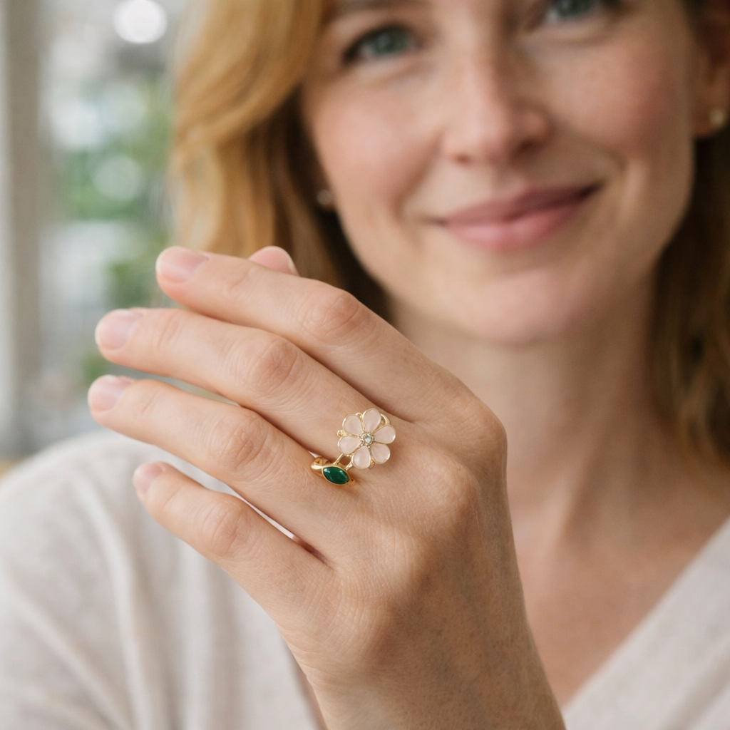 Spinning Ring Flower and Leaf Emerald