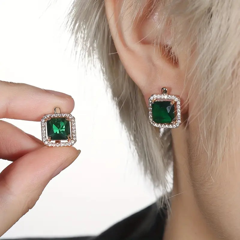 Green Square Gold Zircon Earrings
