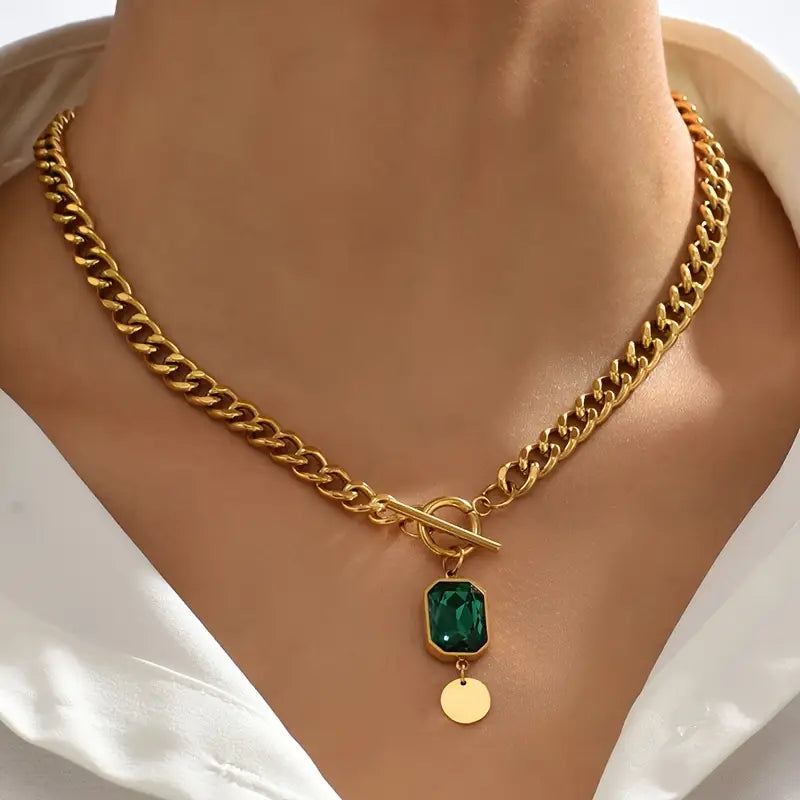Thick Chain Emerald Pendant Necklace