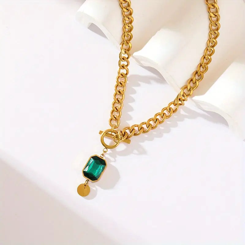 Thick Chain Emerald Pendant Necklace