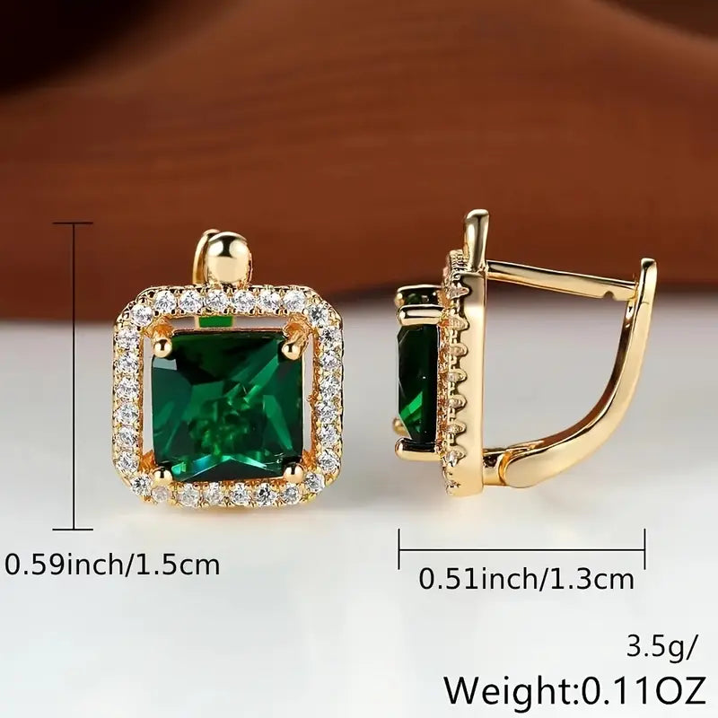 Green Square Gold Zircon Earrings