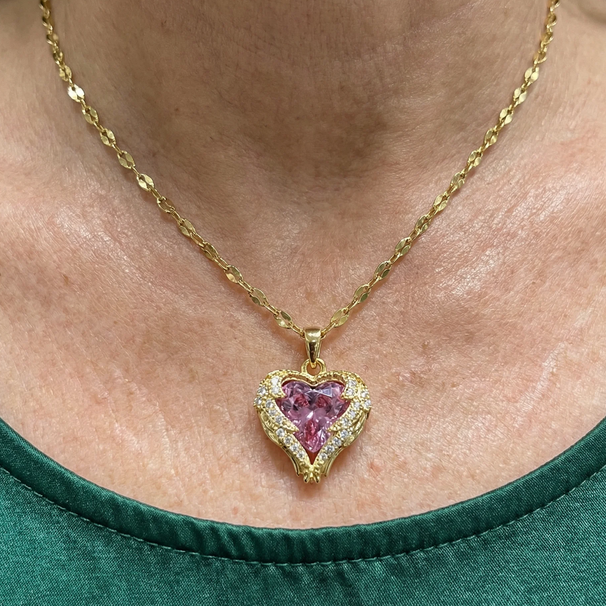 Pink Heart Angel Embrace Necklace